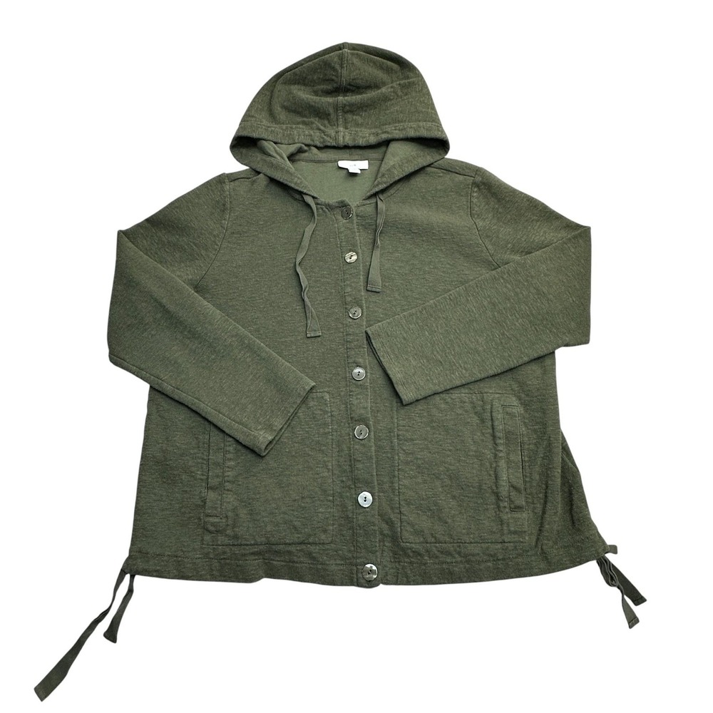 J Jill Cardigan Sweater Womens M Petite Green Hooded Button Pockets Tie Hem